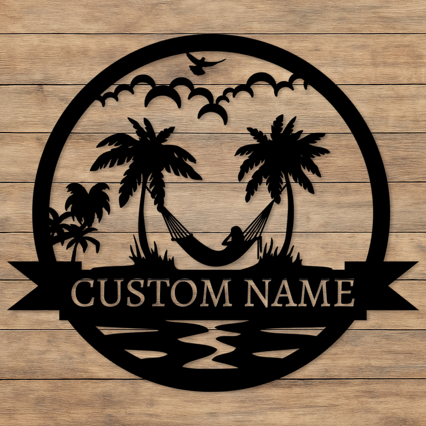 Custom Hammock Metal Sign, Personalized Tropical Palm Tree Wall Art for Beach House, Poolside, or Backyard Relaxation Decor