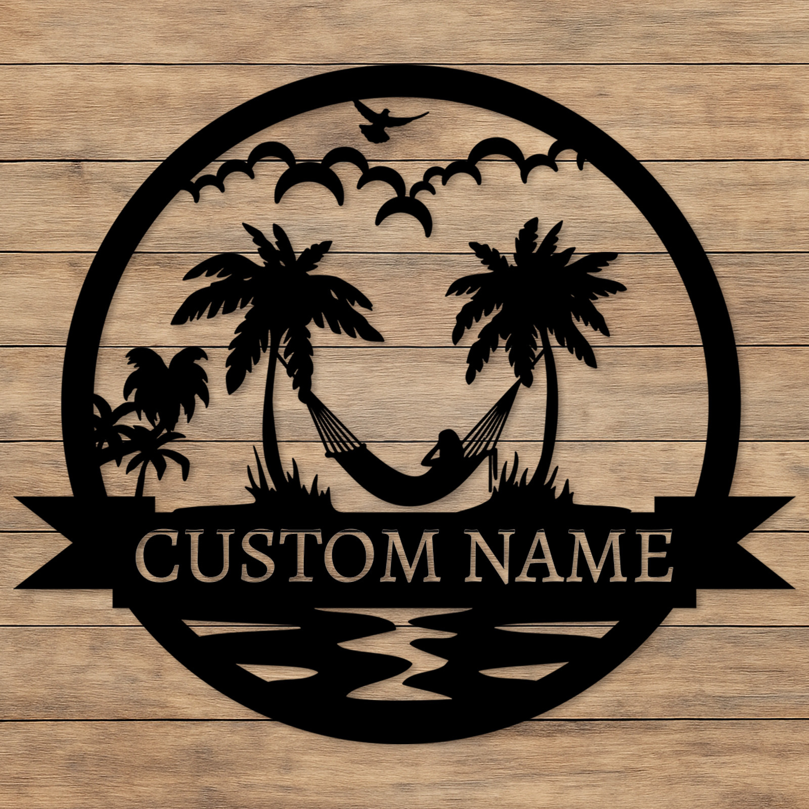 Custom Hammock Metal Sign, Personalized Tropical Palm Tree Wall Art for Beach House, Poolside, or Backyard Relaxation Decor