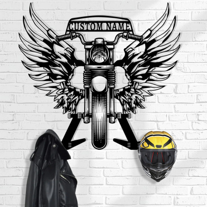Personalized Skull Motorcycle Helmet Holder Wall Mount with Wings, Custom Name Metal Hanger Rack with Hooks for Helmet, Jacket, Garage Wall Decor