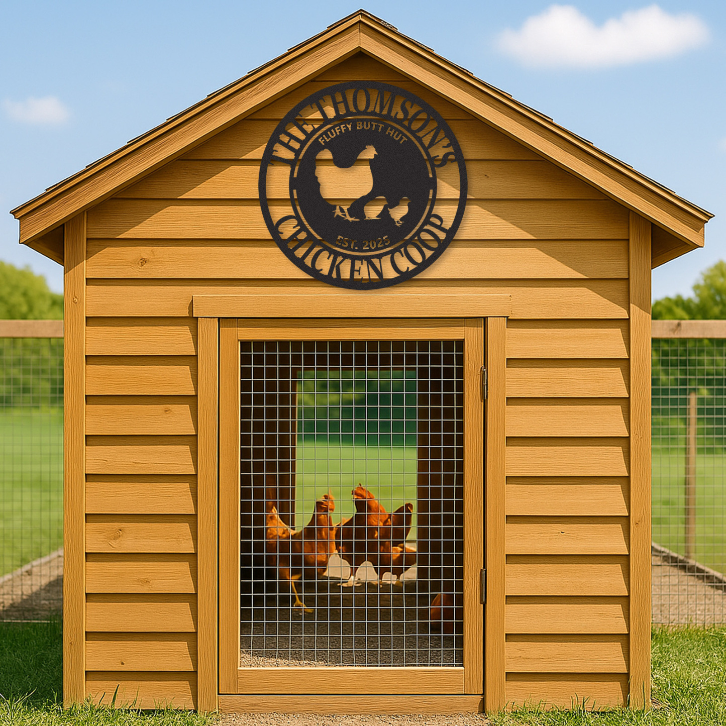 Funny Chicken Coop Sign Fluffy Butt Hut, Custom Round Metal Sign with Name and Year for Backyard Hens