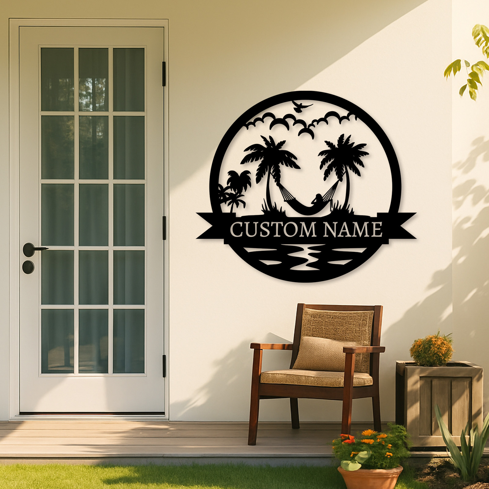Custom Hammock Metal Sign, Personalized Tropical Palm Tree Wall Art for Beach House, Poolside, or Backyard Relaxation Decor