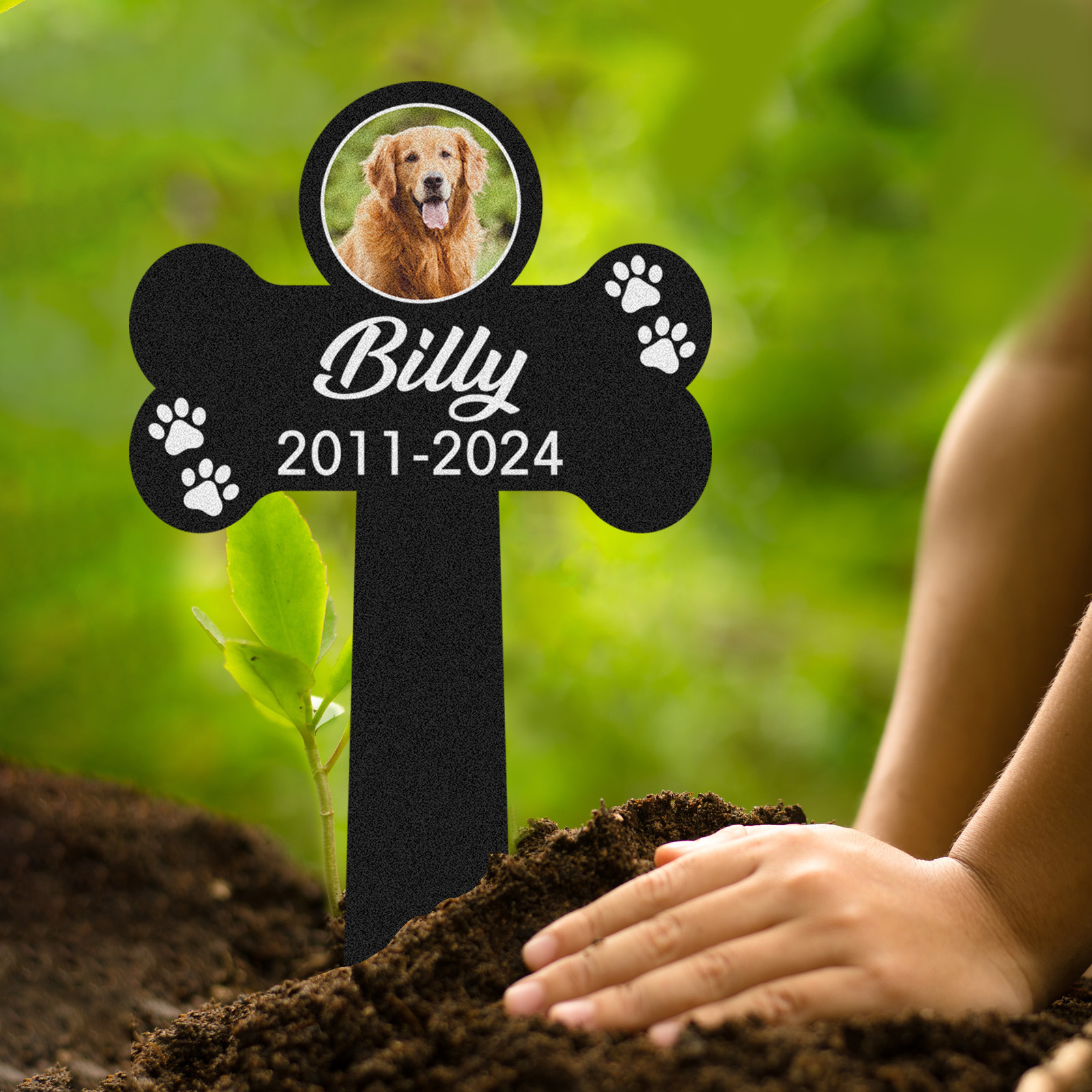 Custom Pet Photo Memorial Stake, Personalized Dog Bone Grave Marker with Name, Years and Paw Prints for Garden Tribute