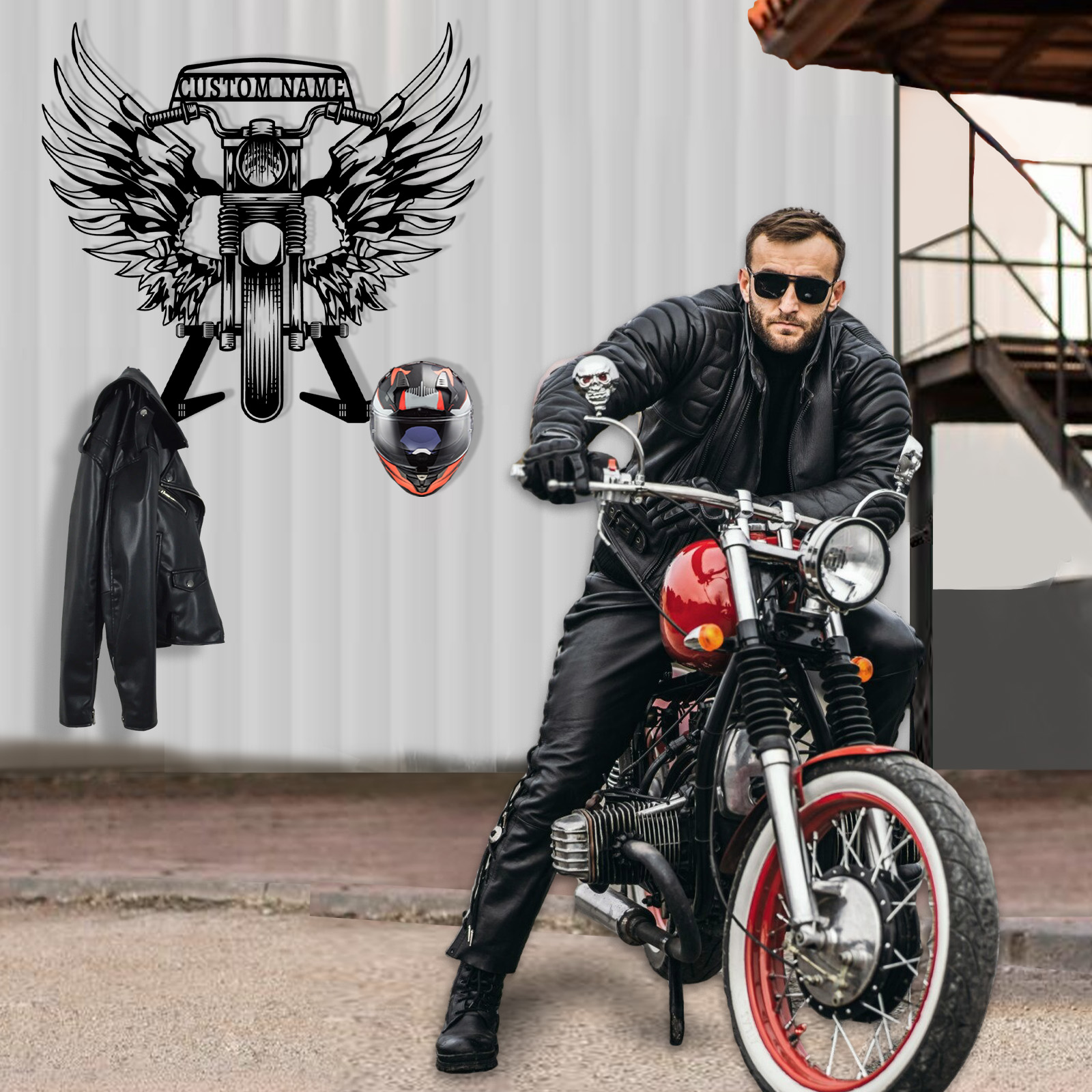 Personalized Skull Motorcycle Helmet Holder Wall Mount with Wings, Custom Name Metal Hanger Rack with Hooks for Helmet, Jacket, Garage Wall Decor