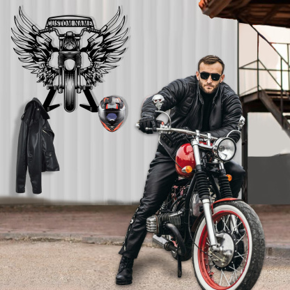 Personalized Skull Motorcycle Helmet Holder Wall Mount with Wings, Custom Name Metal Hanger Rack with Hooks for Helmet, Jacket, Garage Wall Decor