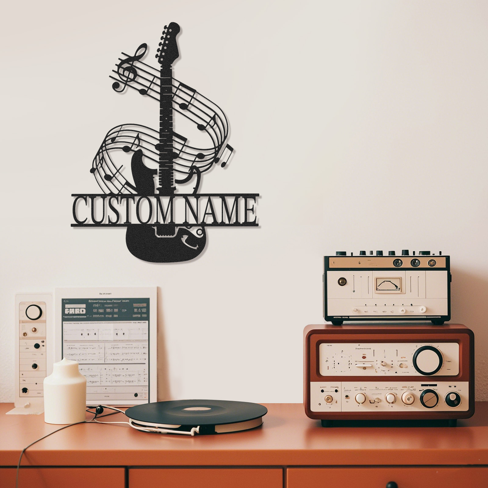 Personalized Music Room Metal Sign with Guitar and Swirling Notes, Custom Wall Art for Teens or Teachers
