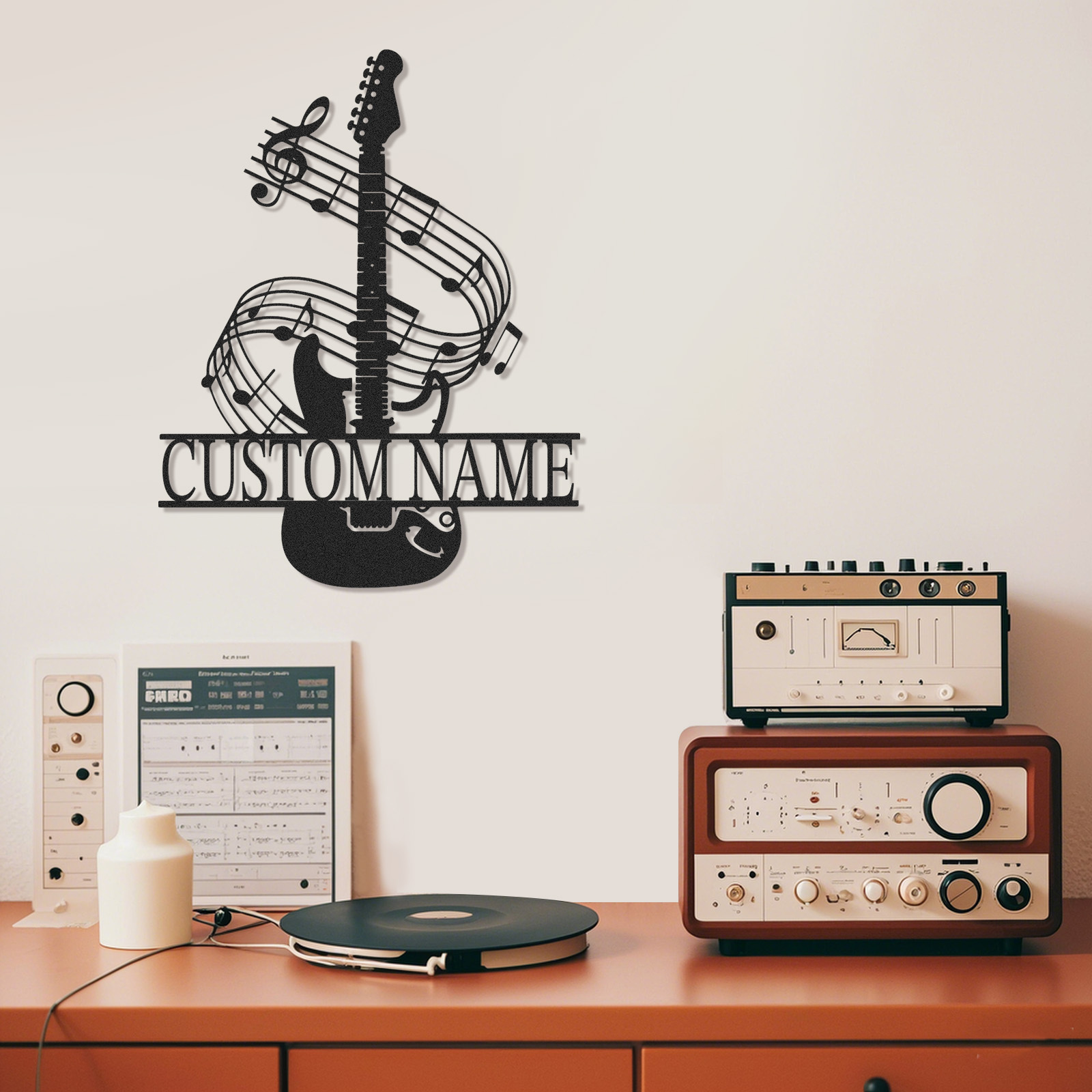 Personalized Music Room Metal Sign with Guitar and Swirling Notes, Custom Wall Art for Teens or Teachers