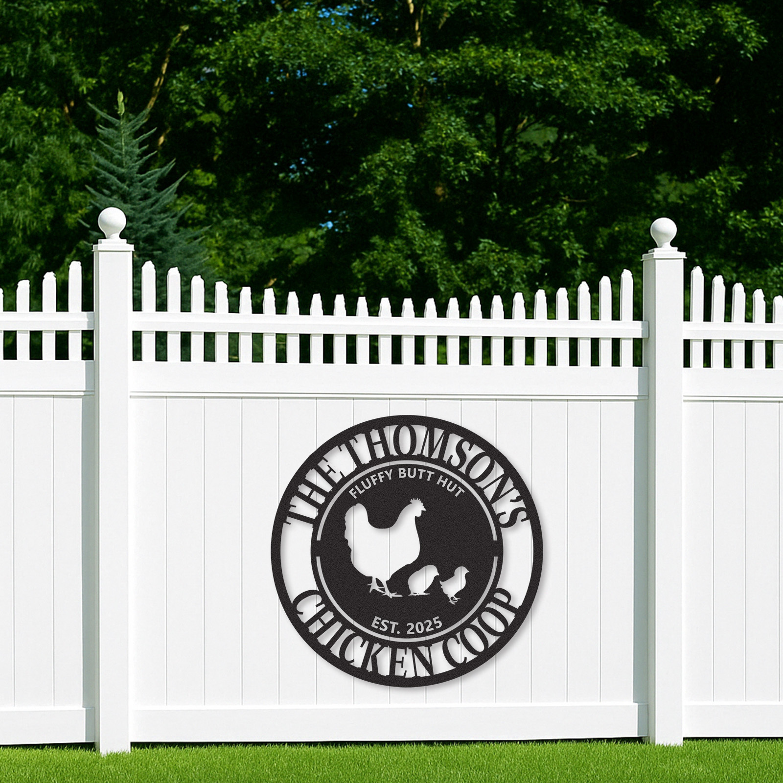 Funny Chicken Coop Sign Fluffy Butt Hut, Custom Round Metal Sign with Name and Year for Backyard Hens