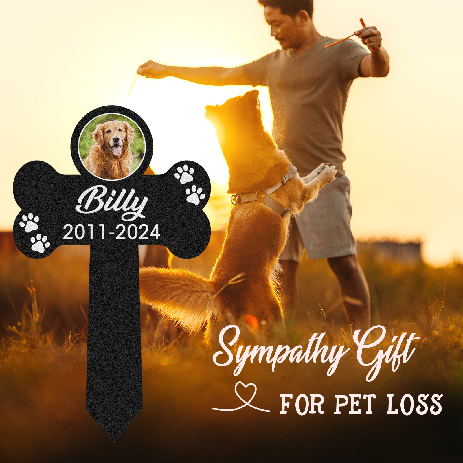 Custom Pet Photo Memorial Stake, Personalized Dog Bone Grave Marker with Name, Years and Paw Prints for Garden Tribute