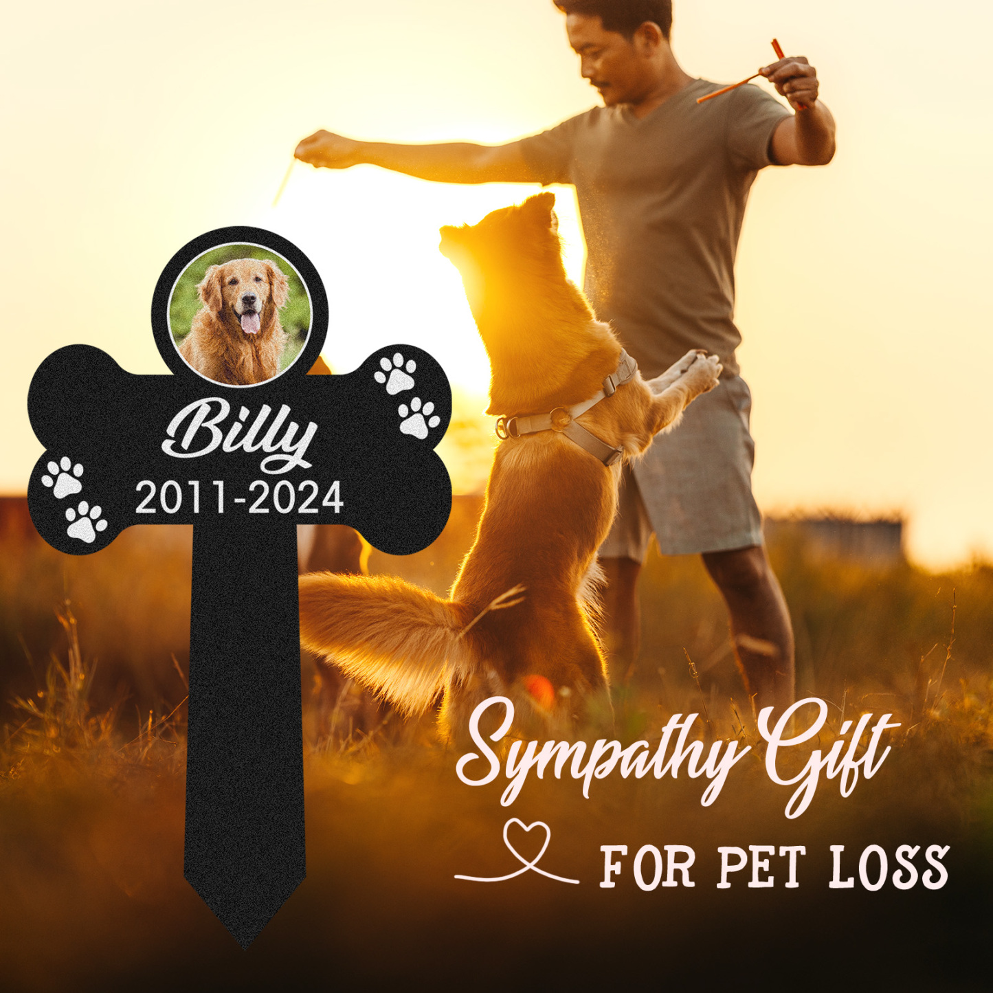 Custom Pet Photo Memorial Stake, Personalized Dog Bone Grave Marker with Name, Years and Paw Prints for Garden Tribute