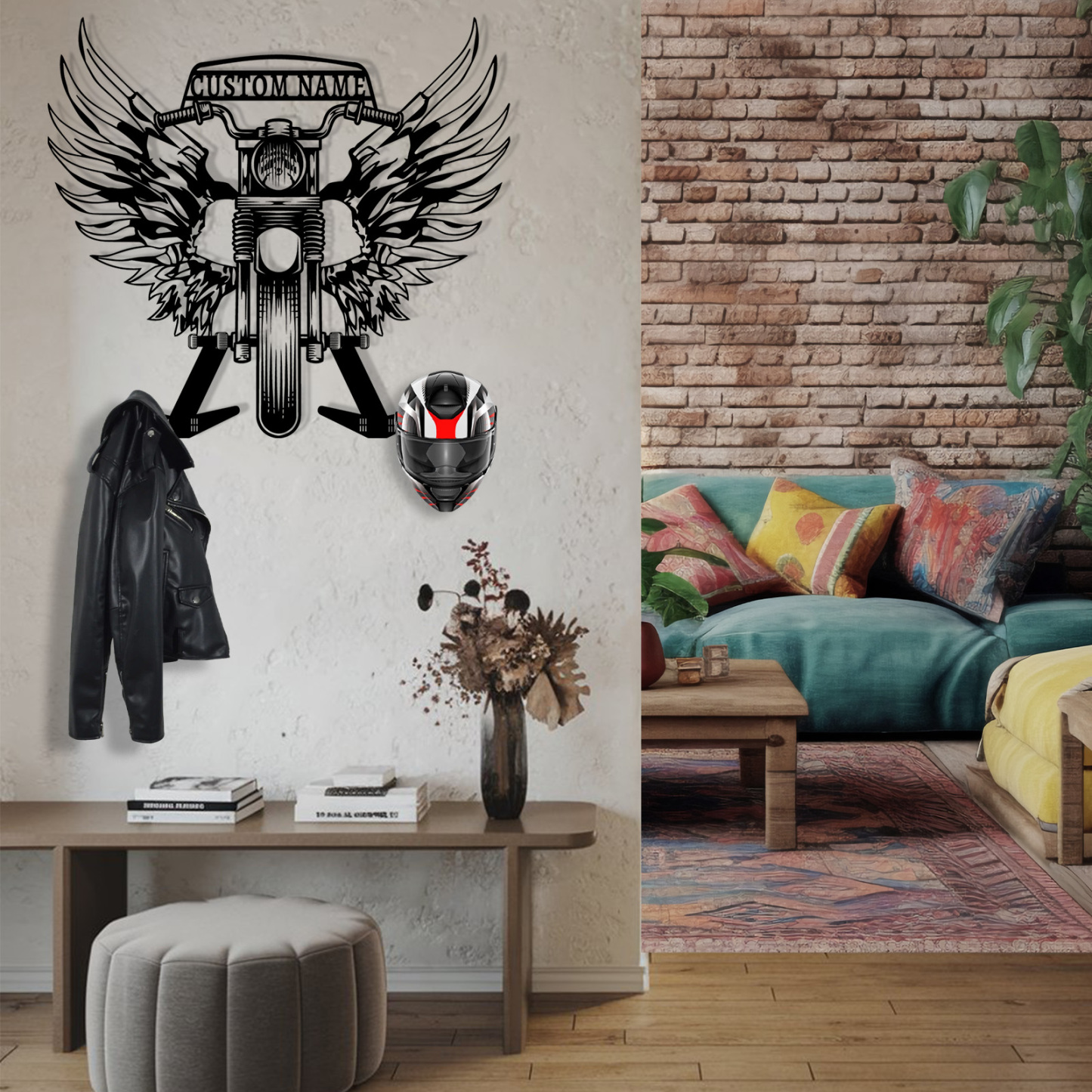 Personalized Skull Motorcycle Helmet Holder Wall Mount with Wings, Custom Name Metal Hanger Rack with Hooks for Helmet, Jacket, Garage Wall Decor