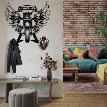 Personalized Skull Motorcycle Helmet Holder Wall Mount with Wings, Custom Name Metal Hanger Rack with Hooks for Helmet, Jacket, Garage Wall Decor