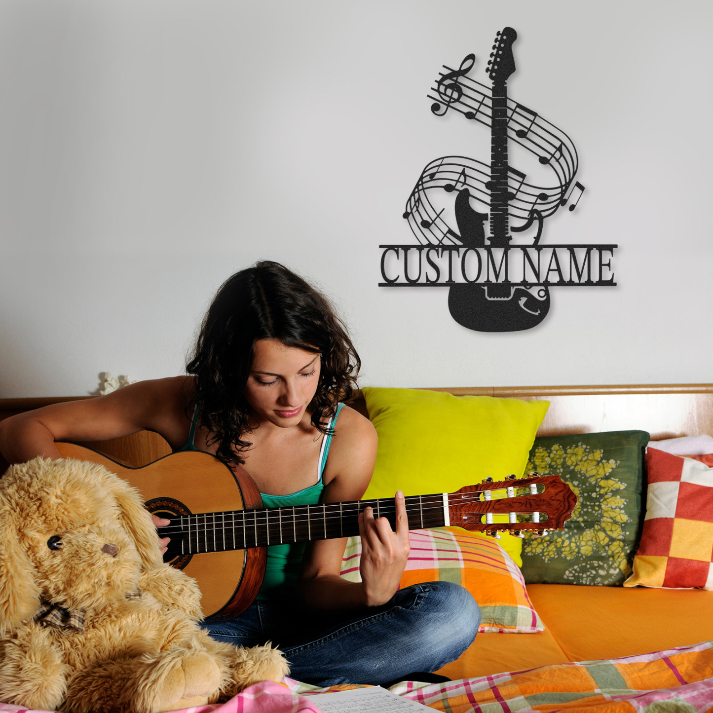 Personalized Music Room Metal Sign with Guitar and Swirling Notes, Custom Wall Art for Teens or Teachers