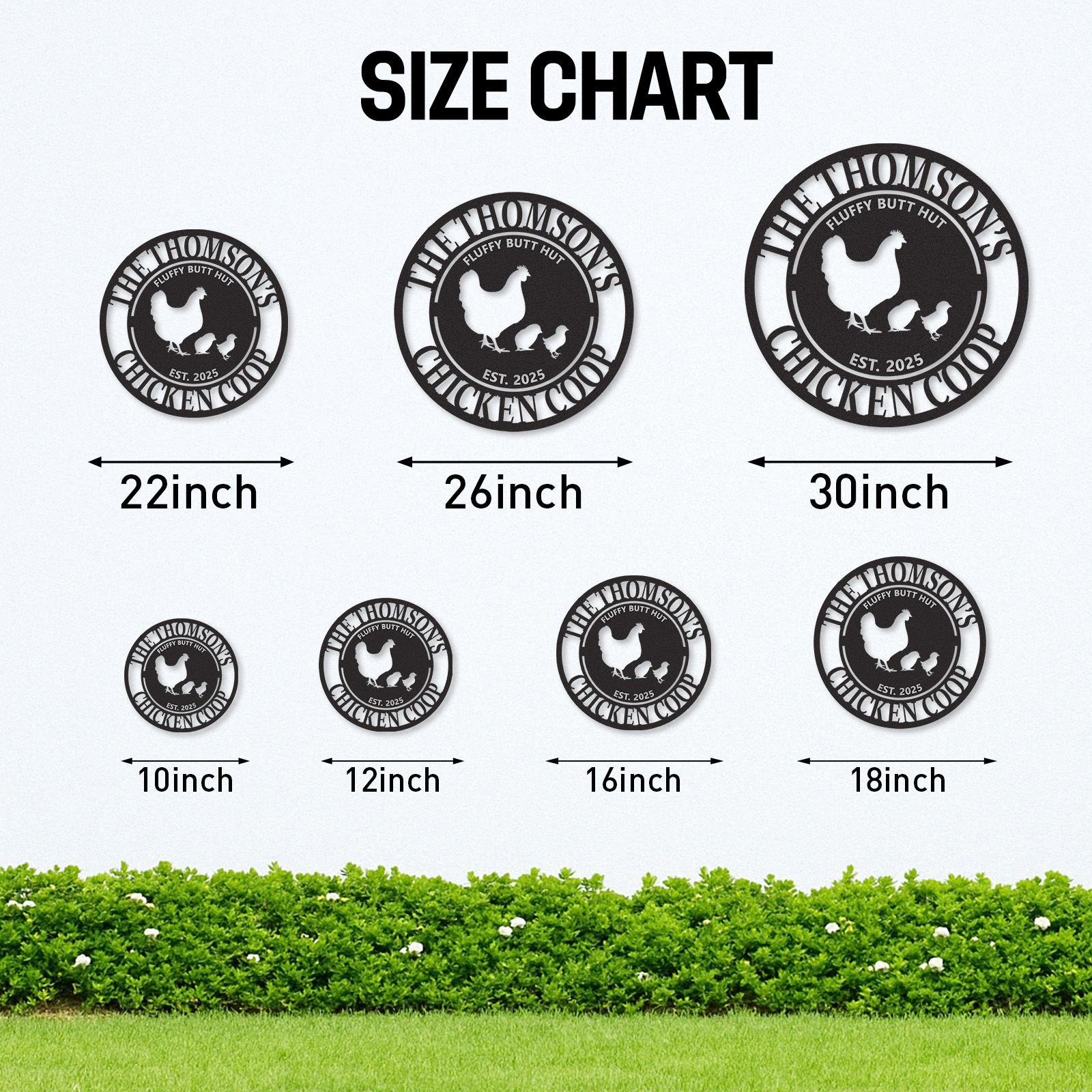 Funny Chicken Coop Sign Fluffy Butt Hut, Custom Round Metal Sign with Name and Year for Backyard Hens