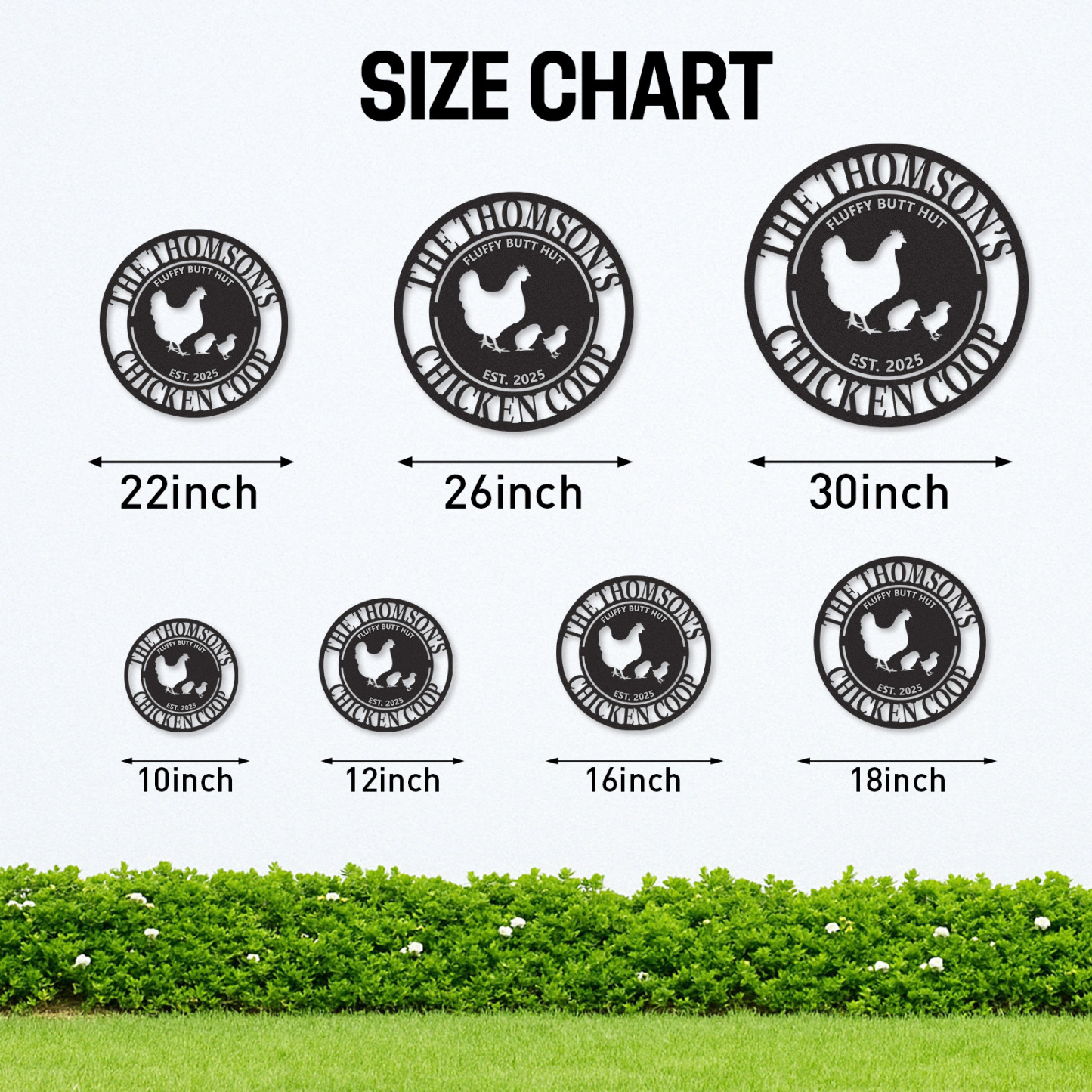 Funny Chicken Coop Sign Fluffy Butt Hut, Custom Round Metal Sign with Name and Year for Backyard Hens