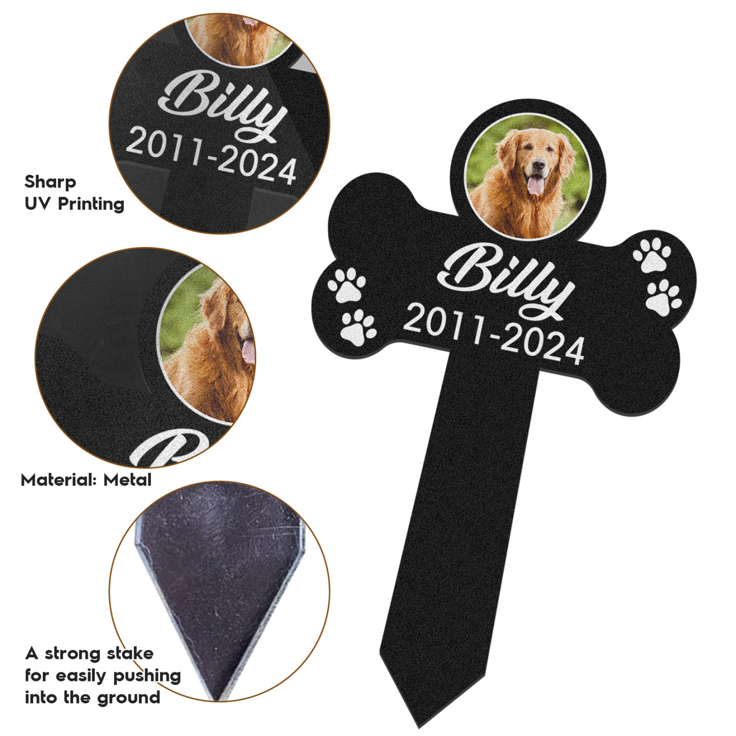 Custom Pet Photo Memorial Stake, Personalized Dog Bone Grave Marker with Name, Years and Paw Prints for Garden Tribute