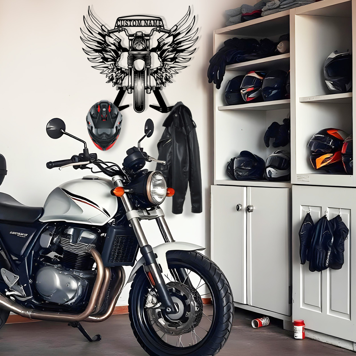 Personalized Skull Motorcycle Helmet Holder Wall Mount with Wings, Custom Name Metal Hanger Rack with Hooks for Helmet, Jacket, Garage Wall Decor