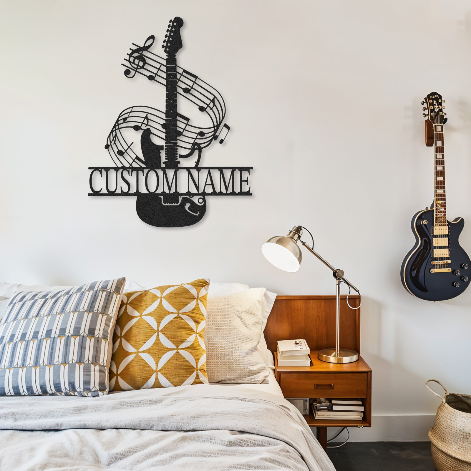 Personalized Music Room Metal Sign with Guitar and Swirling Notes, Custom Wall Art for Teens or Teachers