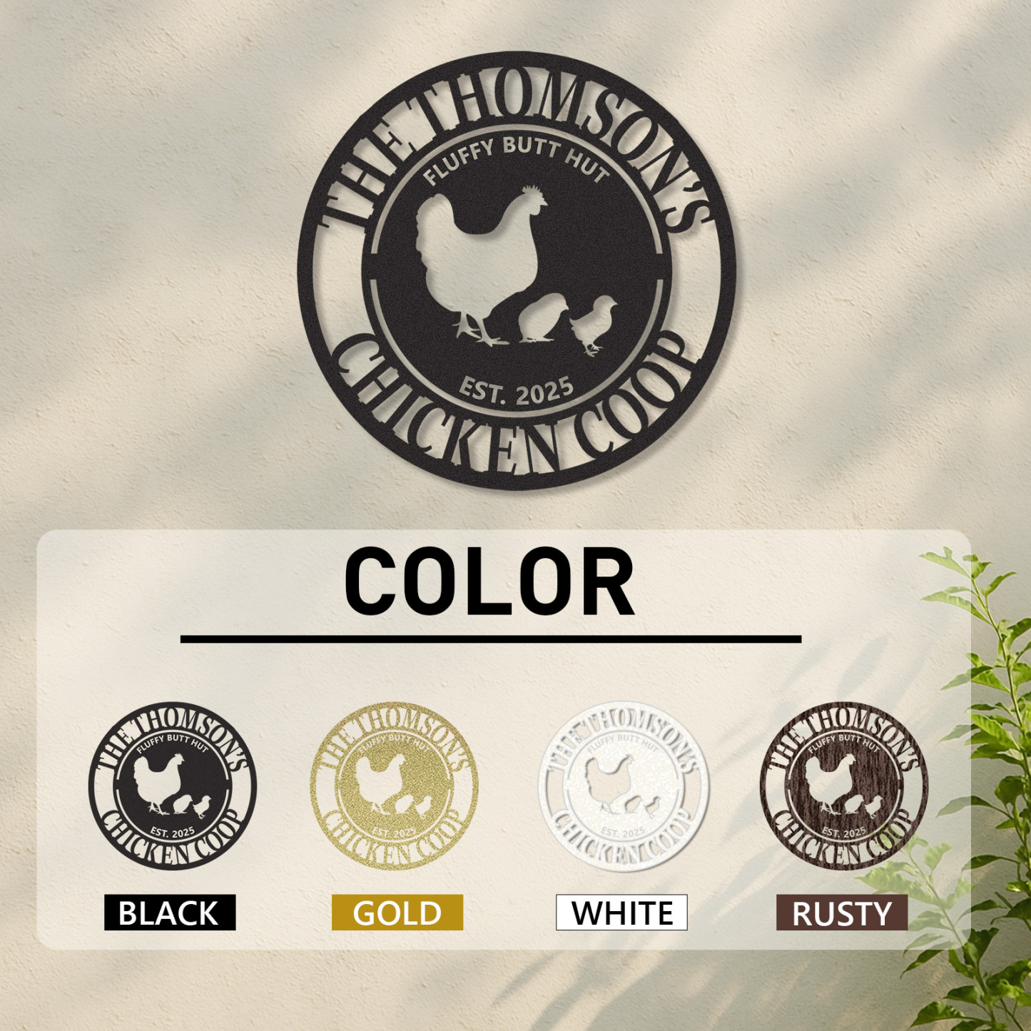 Funny Chicken Coop Sign Fluffy Butt Hut, Custom Round Metal Sign with Name and Year for Backyard Hens