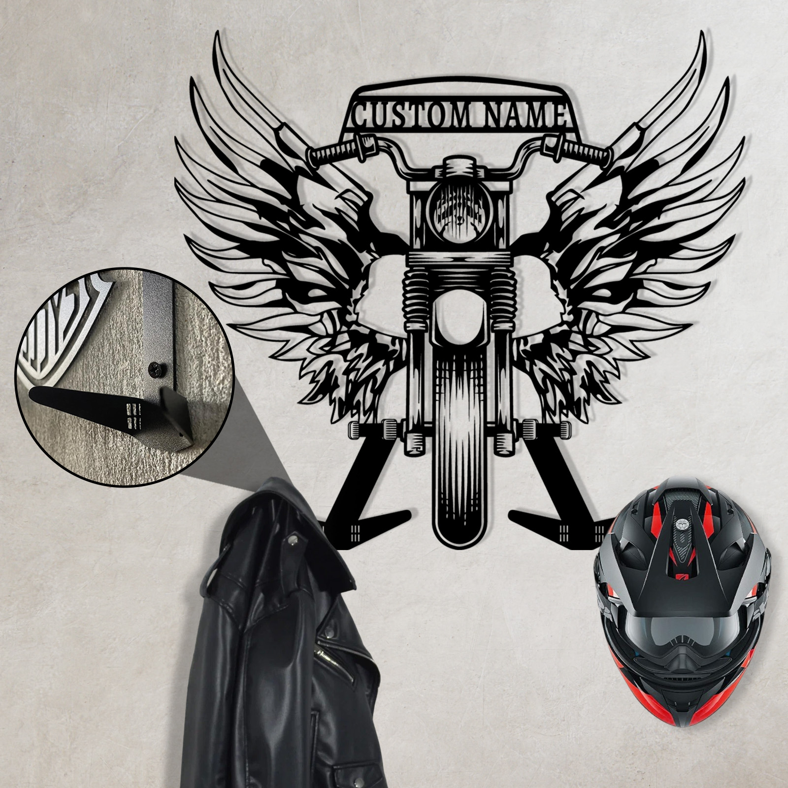 Personalized Skull Motorcycle Helmet Holder Wall Mount with Wings, Custom Name Metal Hanger Rack with Hooks for Helmet, Jacket, Garage Wall Decor