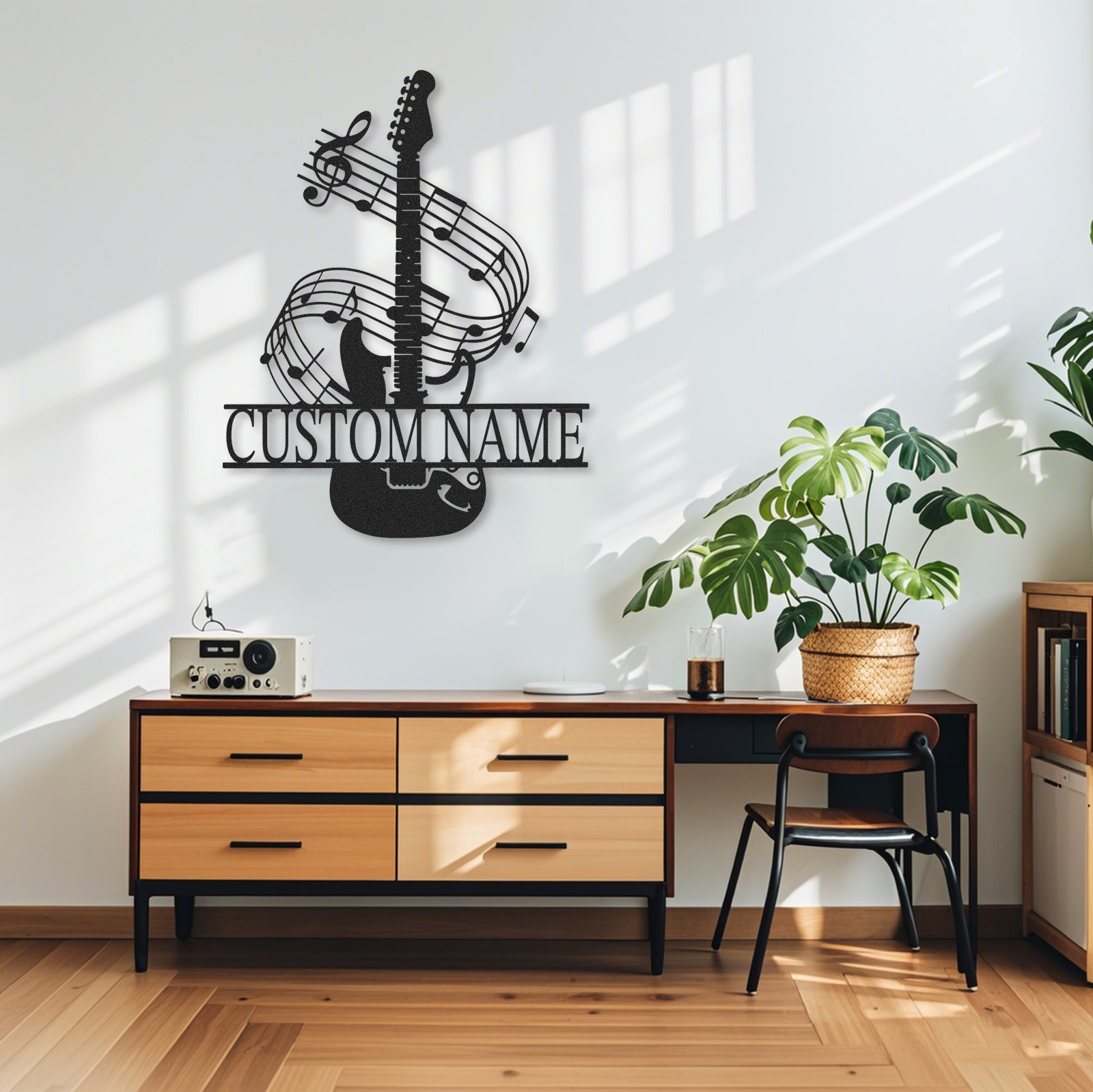 Personalized Music Room Metal Sign with Guitar and Swirling Notes, Custom Wall Art for Teens or Teachers