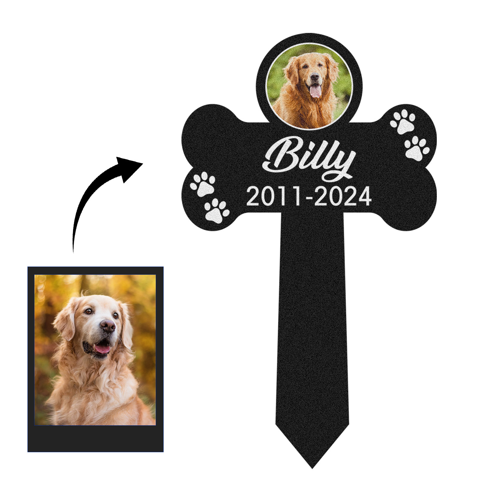 Custom Pet Photo Memorial Stake, Personalized Dog Bone Grave Marker with Name, Years and Paw Prints for Garden Tribute