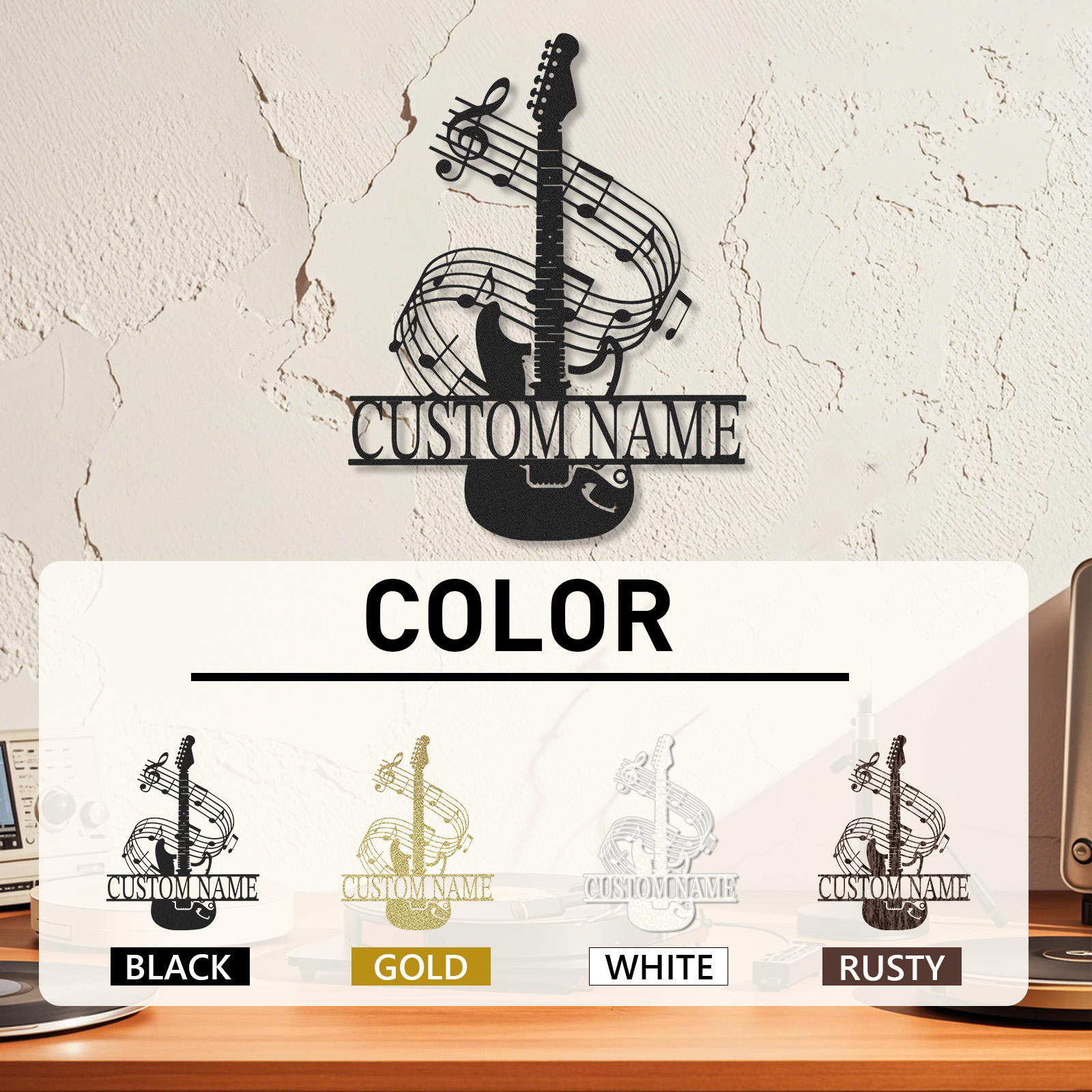 Personalized Music Room Metal Sign with Guitar and Swirling Notes, Custom Wall Art for Teens or Teachers