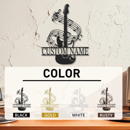 Personalized Music Room Metal Sign with Guitar and Swirling Notes, Custom Wall Art for Teens or Teachers