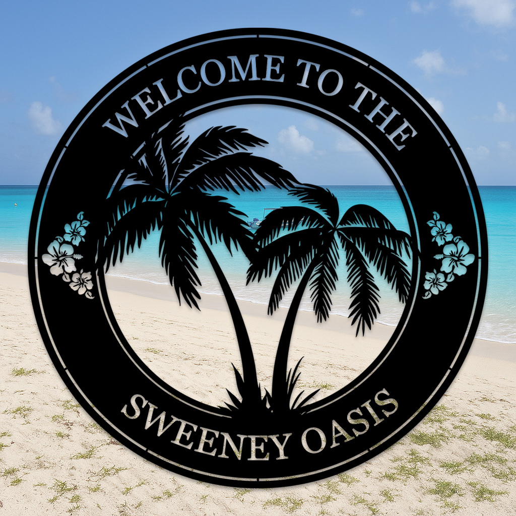 Custom Tropical Welcome Metal Sign, Personalized Palm Tree Wall Art with Family Name for Patio, Poolside, or Beach House Entry Decor