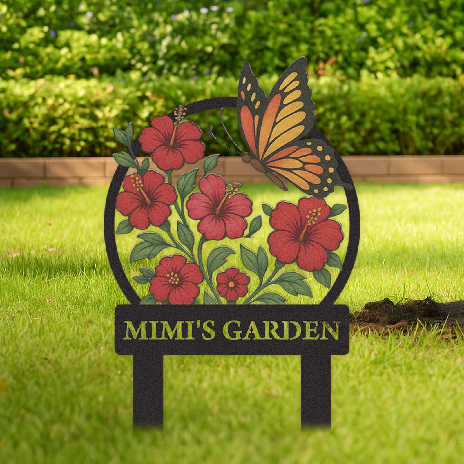 Personalized Garden Sign with Red Hibiscus Flowers and Butterfly, Custom Metal Yard Stake for Gardeners, Colorful Outdoor Garden Name Sign Decor