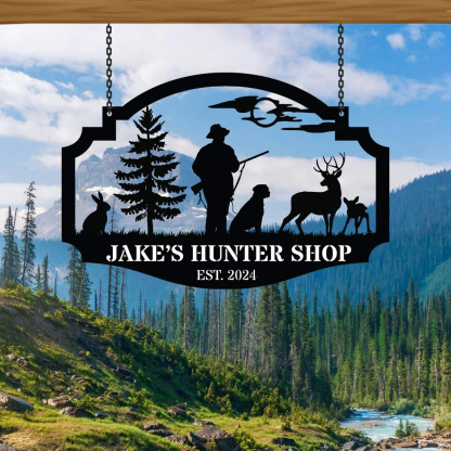 Personalized Hunter Metal Sign with Deer and Dog Scene, Custom Hunting Cabin Entrance Sign, Outdoor Lodge Decor, Established Year Gift for Hunters