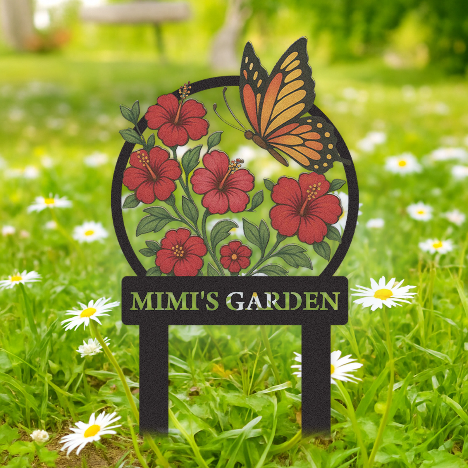 Personalized Butterfly Garden Sign, Custom Colorful Flowers Metal Garden Name Sign for Yard Decor, Outdoor Garden Stake with Monarch Butterfly Design