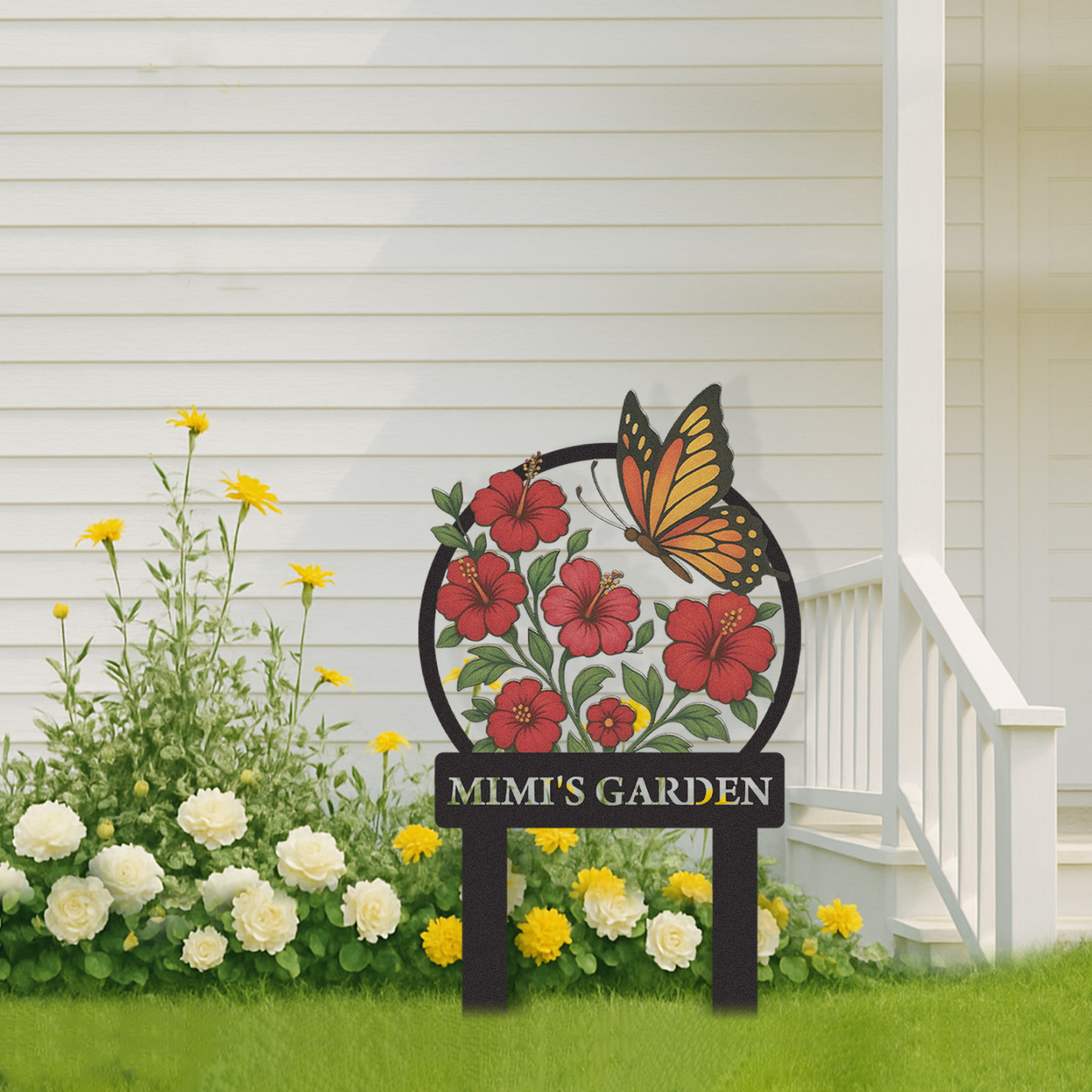 Personalized Garden Sign with Red Hibiscus Flowers and Butterfly, Custom Metal Yard Stake for Gardeners, Colorful Outdoor Garden Name Sign Decor