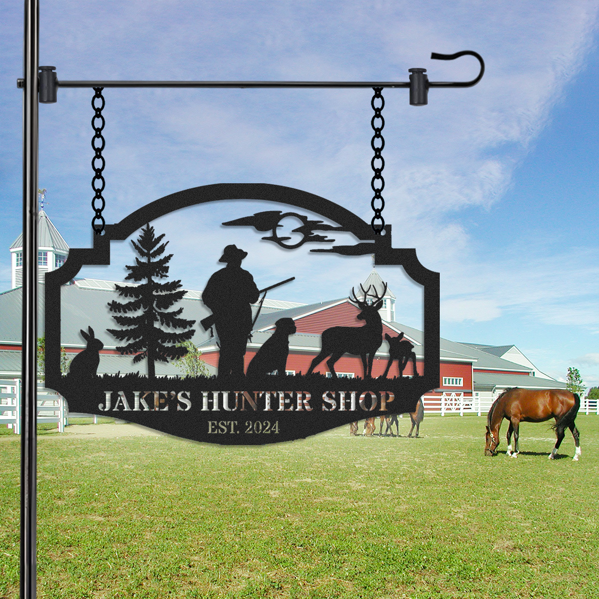 Personalized Hunter Metal Sign with Deer and Dog Scene, Custom Hunting Cabin Entrance Sign, Outdoor Lodge Decor, Established Year Gift for Hunters