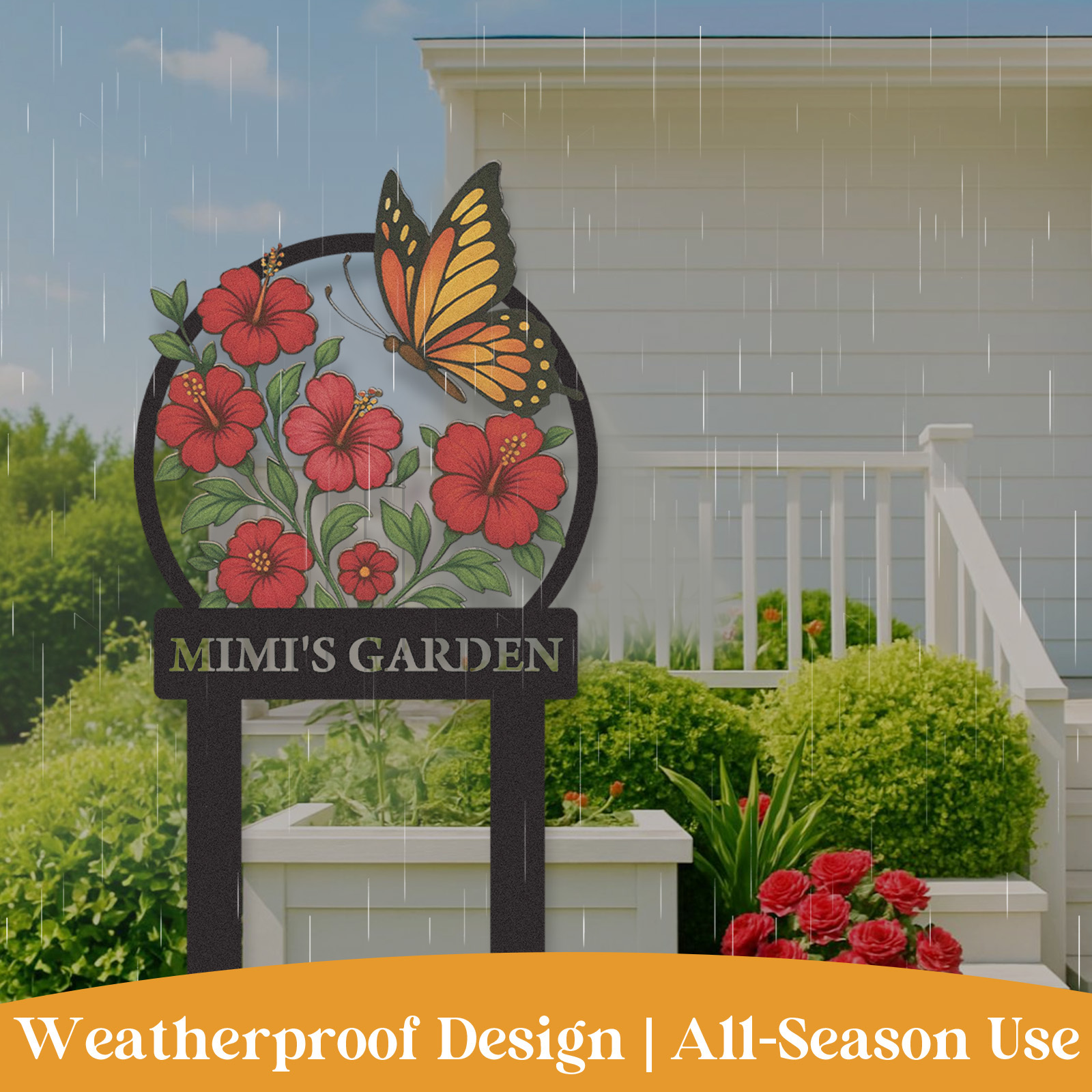 Personalized Garden Sign with Red Hibiscus Flowers and Butterfly, Custom Metal Yard Stake for Gardeners, Colorful Outdoor Garden Name Sign Decor
