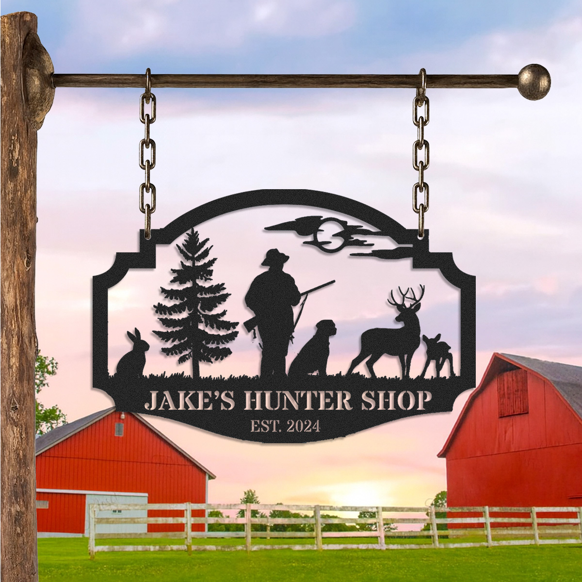 Personalized Hunter Metal Sign with Deer and Dog Scene, Custom Hunting Cabin Entrance Sign, Outdoor Lodge Decor, Established Year Gift for Hunters