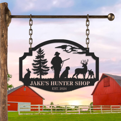 Personalized Hunter Metal Sign with Deer and Dog Scene, Custom Hunting Cabin Entrance Sign, Outdoor Lodge Decor, Established Year Gift for Hunters