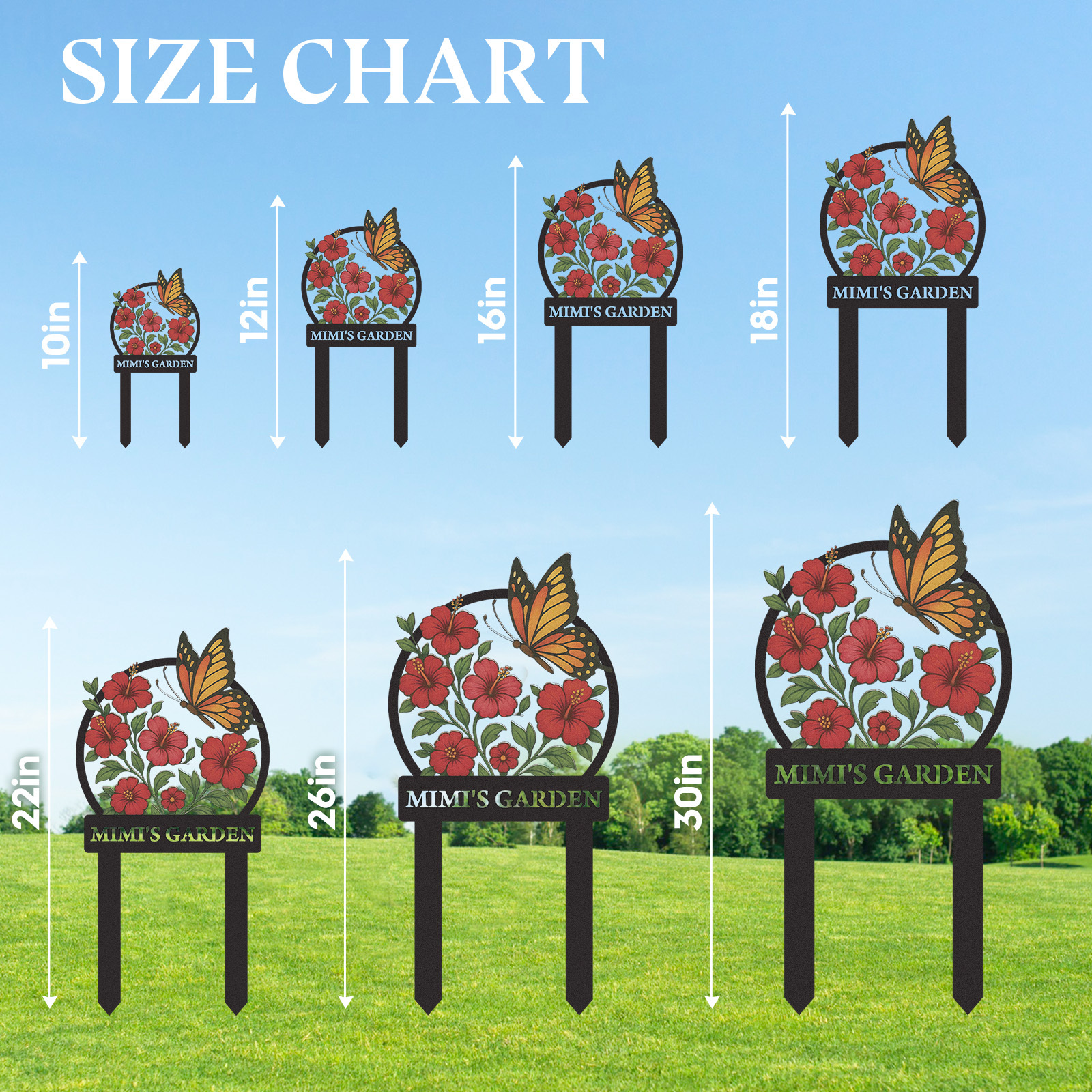 Personalized Garden Sign with Red Hibiscus Flowers and Butterfly, Custom Metal Yard Stake for Gardeners, Colorful Outdoor Garden Name Sign Decor