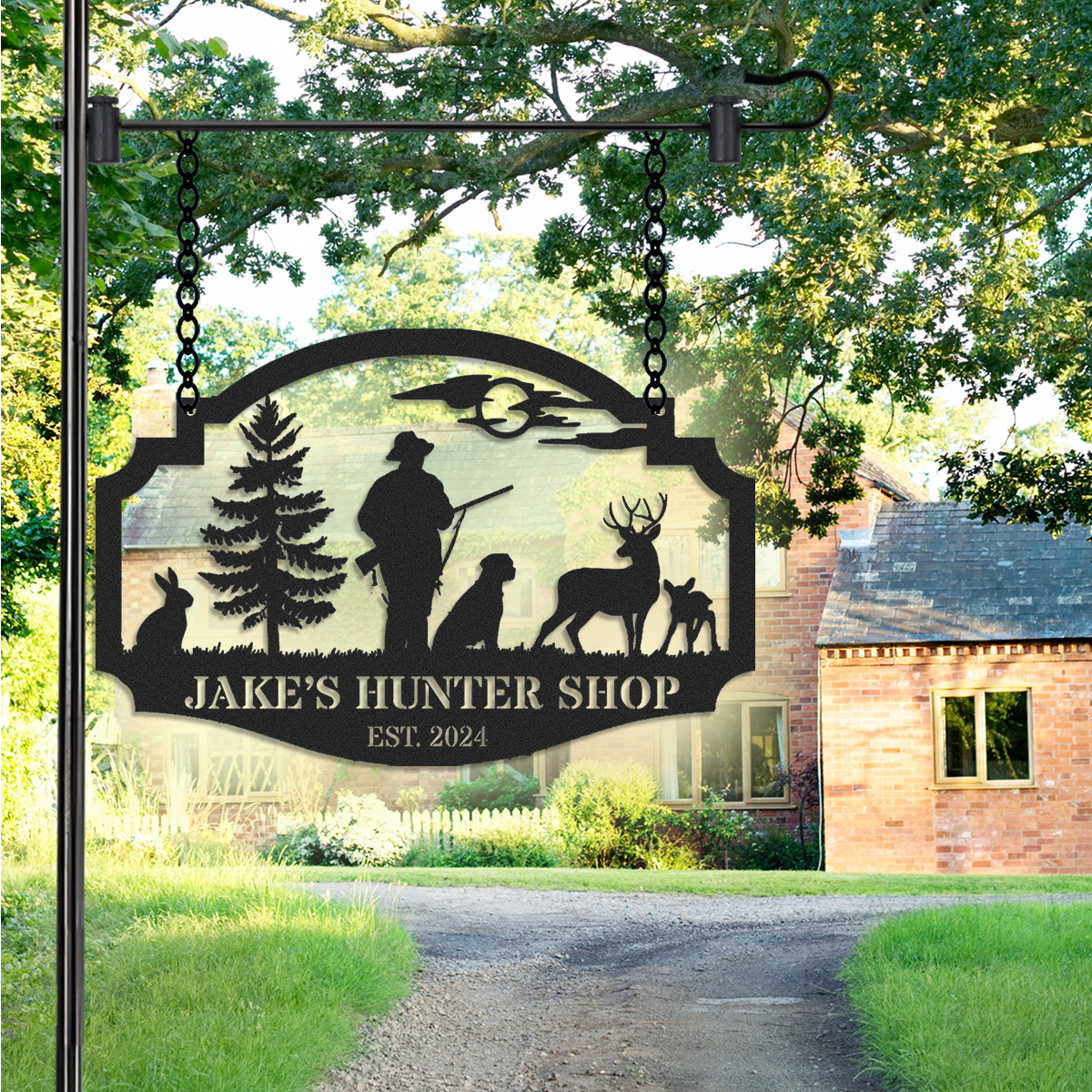 Personalized Hunter Metal Sign with Deer and Dog Scene, Custom Hunting Cabin Entrance Sign, Outdoor Lodge Decor, Established Year Gift for Hunters