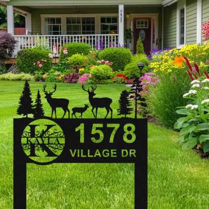 Custom Metal Address Sign, Deer Family House Number Yard Stake, Personalized Outdoor Metal Plaque with Family Name for Lawn or Garden Décor