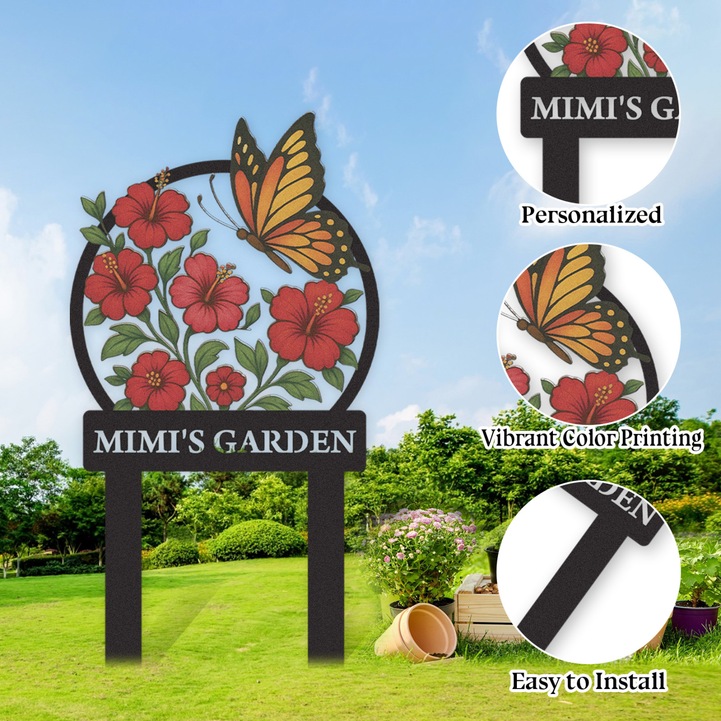 Personalized Garden Sign with Red Hibiscus Flowers and Butterfly, Custom Metal Yard Stake for Gardeners, Colorful Outdoor Garden Name Sign Decor