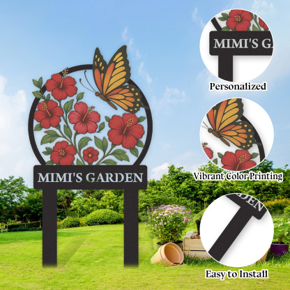 Personalized Garden Sign with Red Hibiscus Flowers and Butterfly, Custom Metal Yard Stake for Gardeners, Colorful Outdoor Garden Name Sign Decor