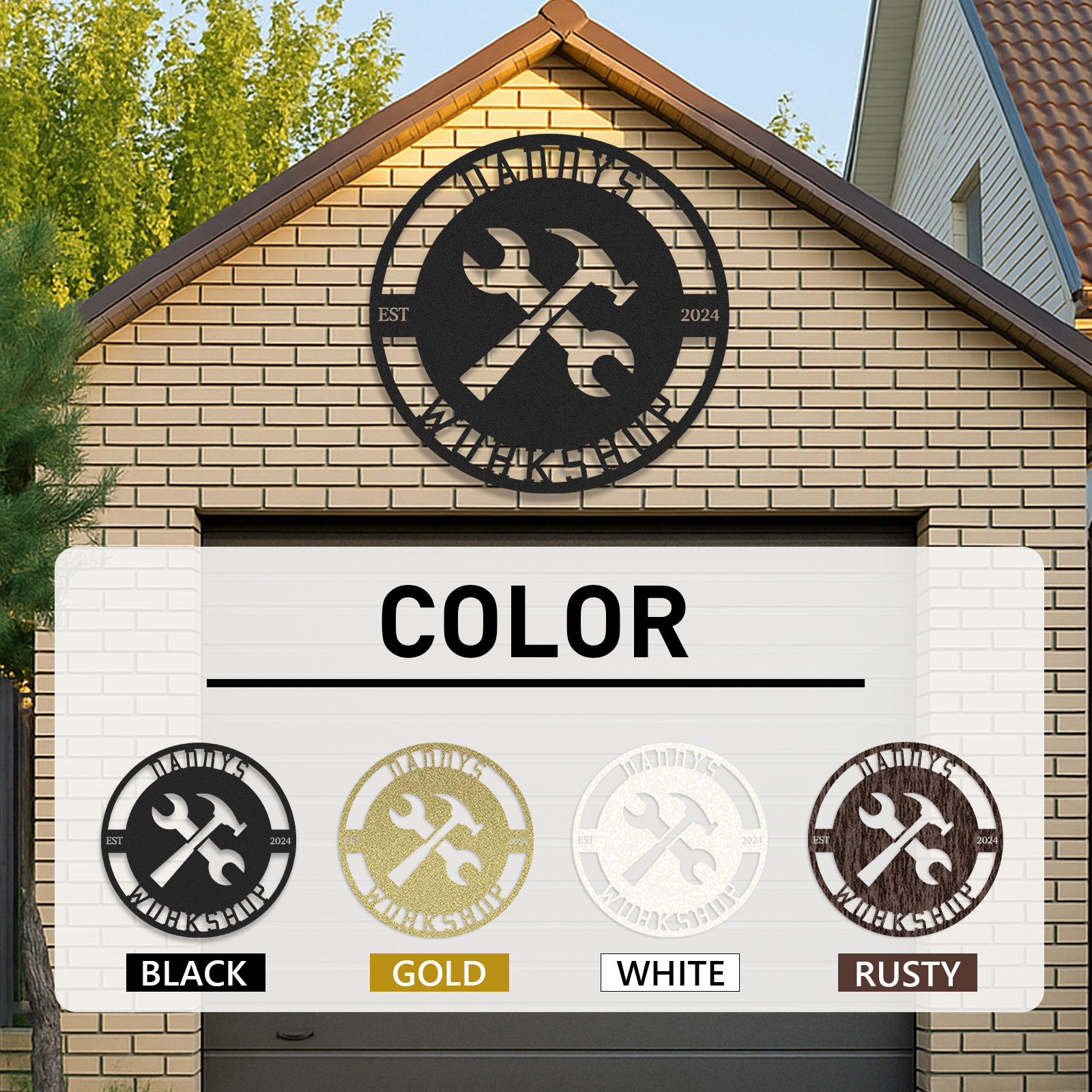 Custom Daddy's Workshop Sign, Personalized Metal Garage Sign with Tools, Round Metal Decor for Dad's Shop, Father's Day Gift for Handy Dads