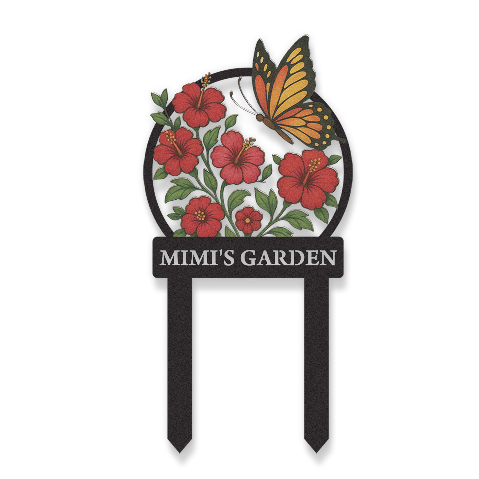 Personalized Garden Sign with Red Hibiscus Flowers and Butterfly, Custom Metal Yard Stake for Gardeners, Colorful Outdoor Garden Name Sign Decor