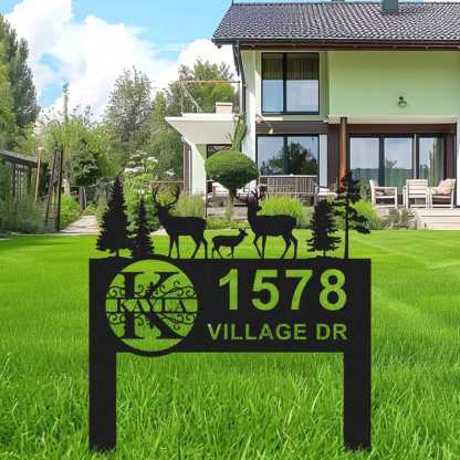 Custom Metal Address Sign, Deer Family House Number Yard Stake, Personalized Outdoor Metal Plaque with Family Name for Lawn or Garden Décor