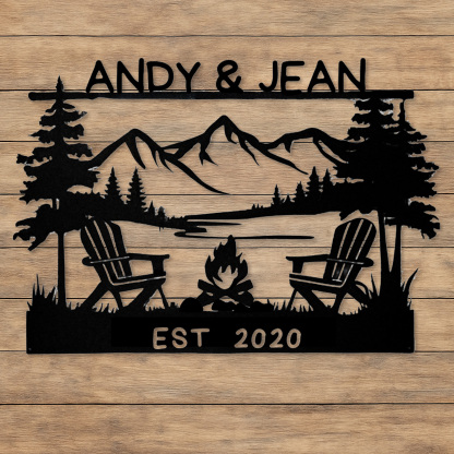 Custom Couple Campfire Metal Sign, Personalized Lake and Mountain Wall Art with Chairs and Names, Wedding or Cabin Decor Gift