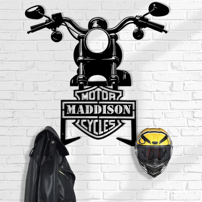 Personalized Motorcycle Helmet Holder Wall Mount with Handlebar Design, Custom Name Metal Hanger with Hooks for Helmet, Jacket, Garage Wall Art Decor