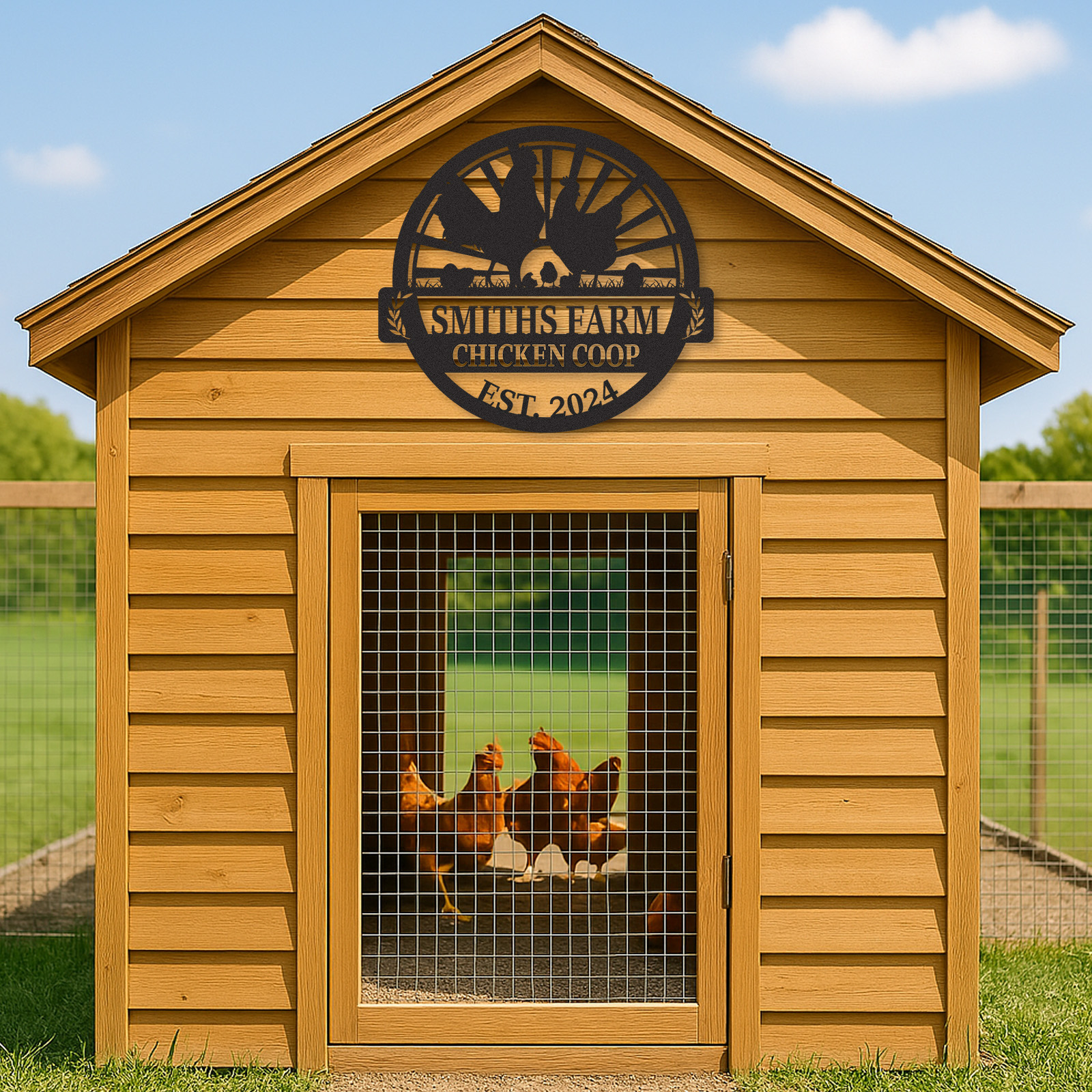 Custom Chicken Coop Sign with Sunrise and Chicken Family, Personalized Farm Name Metal Sign for Backyard Decor