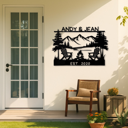 Custom Couple Campfire Metal Sign, Personalized Lake and Mountain Wall Art with Chairs and Names, Wedding or Cabin Decor Gift
