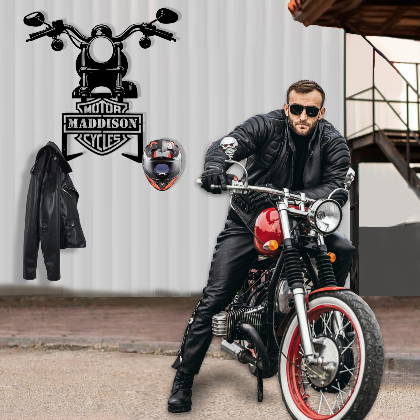 Personalized Motorcycle Helmet Holder Wall Mount with Handlebar Design, Custom Name Metal Hanger with Hooks for Helmet, Jacket, Garage Wall Art Decor