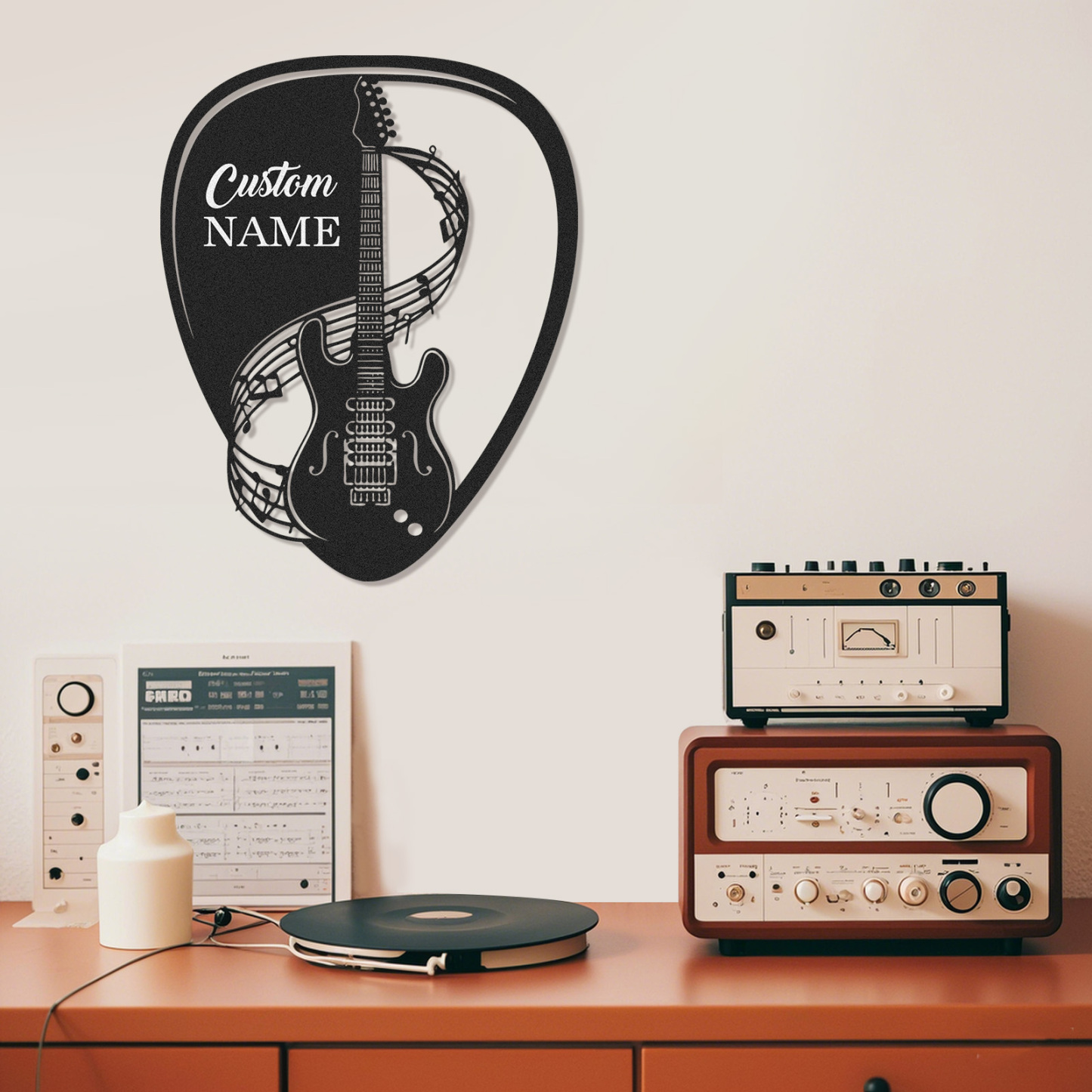 Personalized Guitar Pick Metal Sign, Custom Name Wall Art with Music Notes and Guitar, Gift for Music Lovers